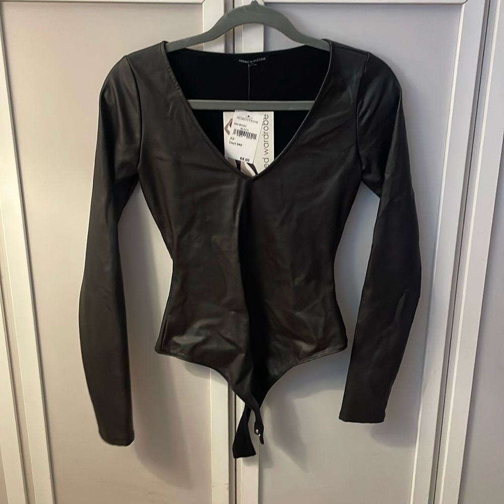 Naked Wardrobe Black Leather Long sleeve One Piece Body suit Size XS